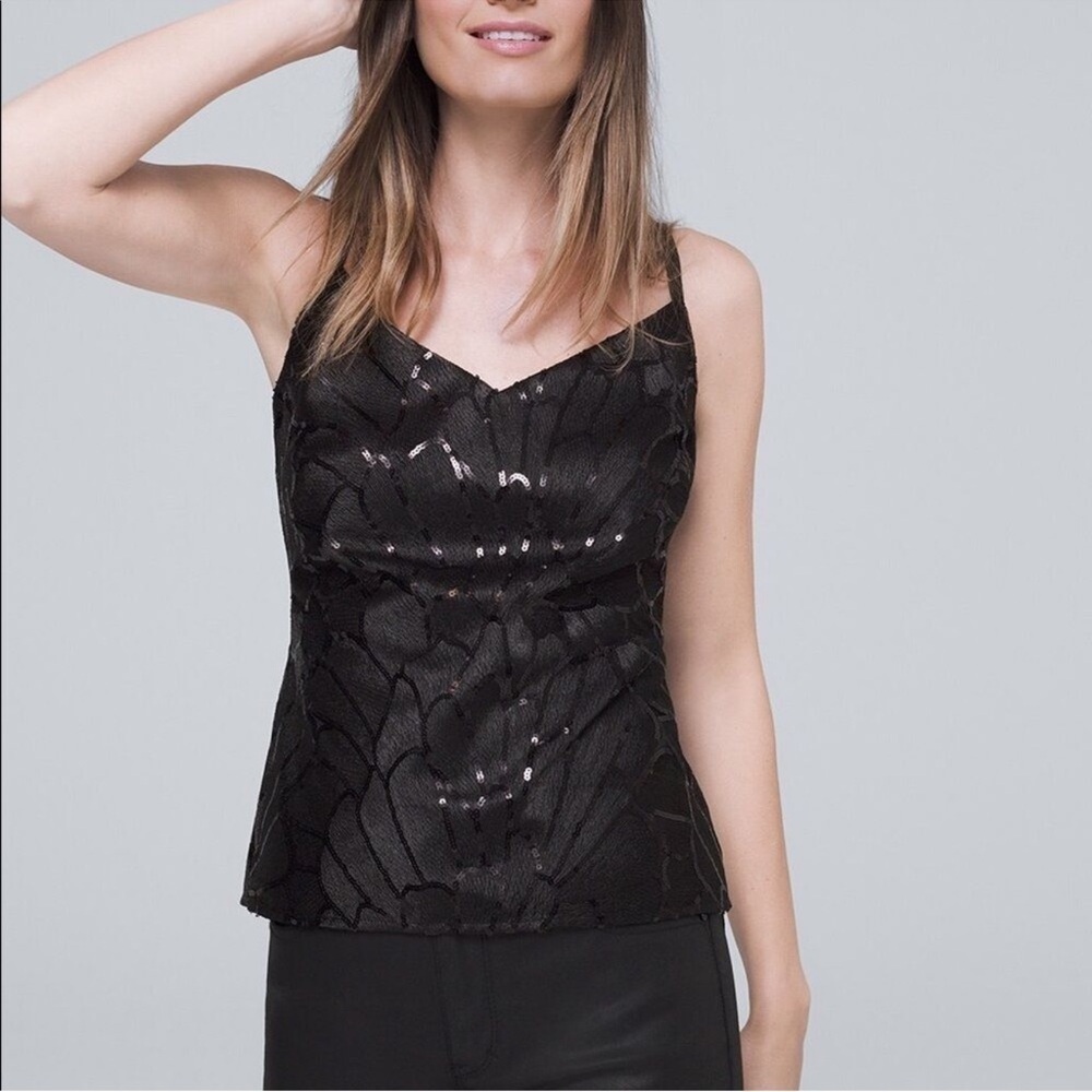 NWT White House Black Market Embroidered Sequin Camisole in Black Size Small